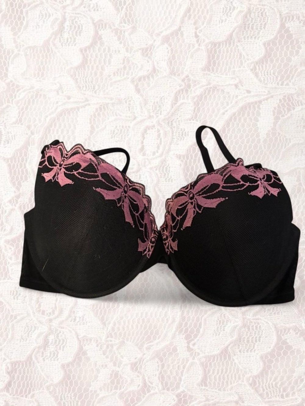 Adore Me Black Bra with Pink bow Lace Accents